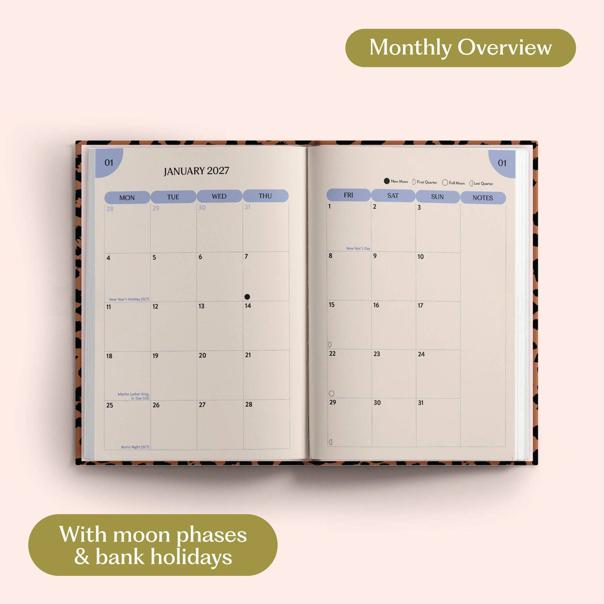 2027 Diary | A5 Hardcover Week to View | Leopard | Good Tuesday