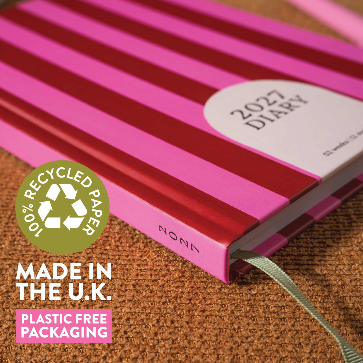 2027 Diary | A5 Hardcover Week to View | Pink & Red Stripe | Good Tuesday