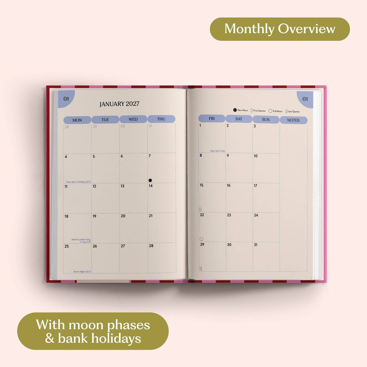 2027 Diary | A5 Hardcover Week to View | Pink & Red Stripe | Good Tuesday