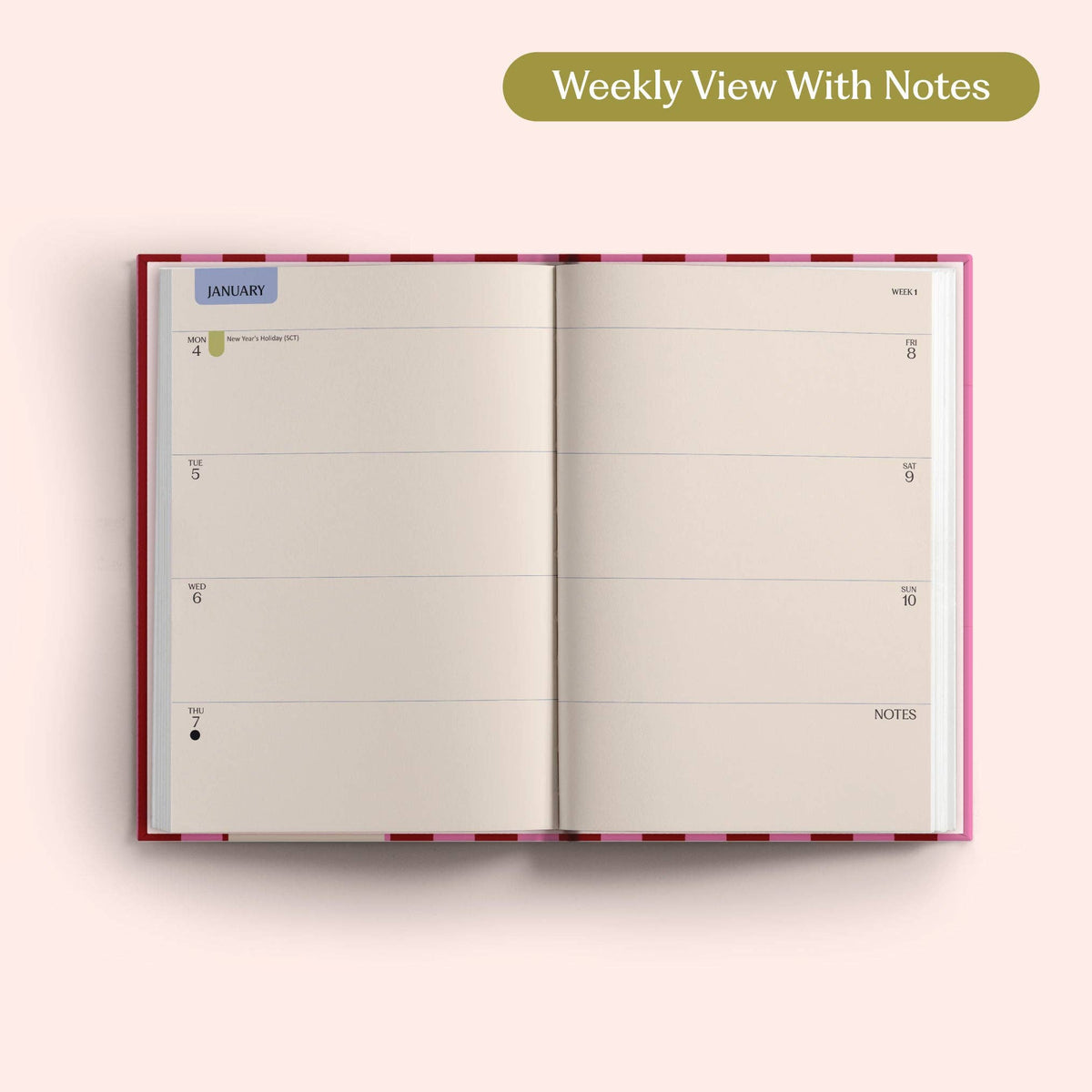 2027 Diary | A5 Hardcover Week to View | Pink & Red Stripe | Good Tuesday