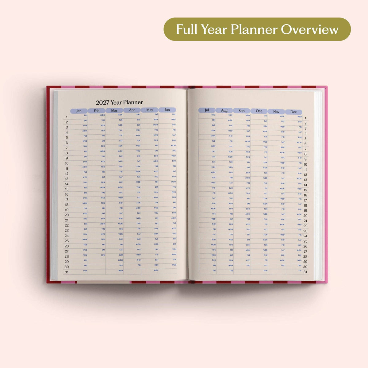 2027 Diary | A5 Hardcover Week to View | Pink & Red Stripe | Good Tuesday