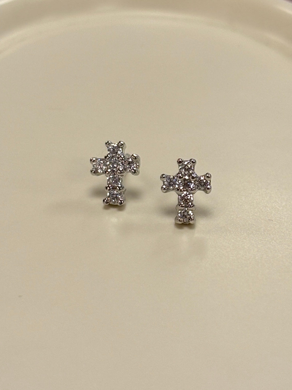 Sterling Silver Clear Stone Cross Stud Earrings | Nice