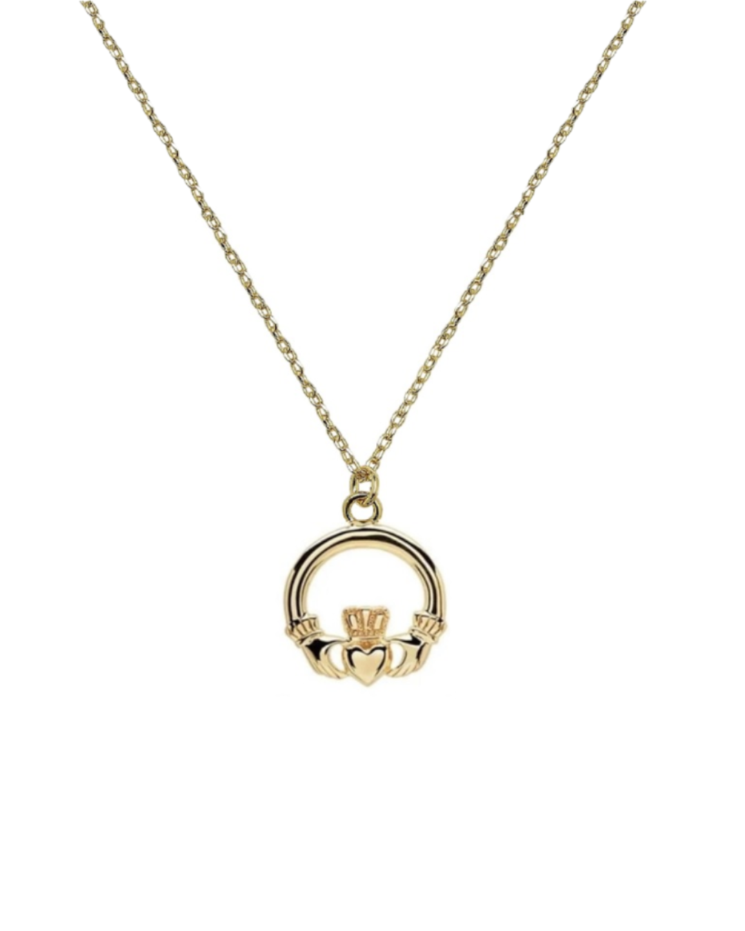 A gold Claddagh necklace with a chain and a simple design pendant.