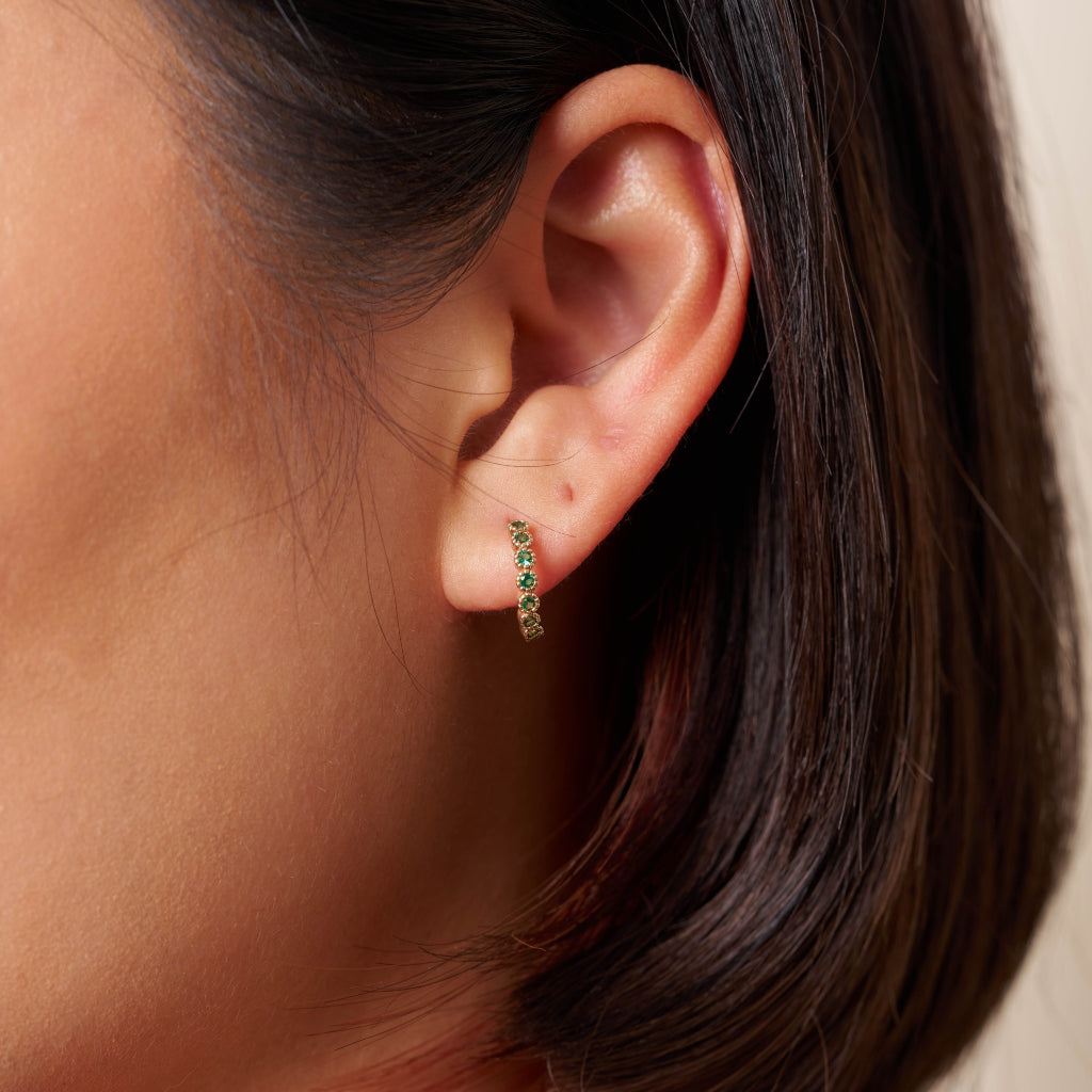 Gold Emerald Coloured Stone Huggie Earrings