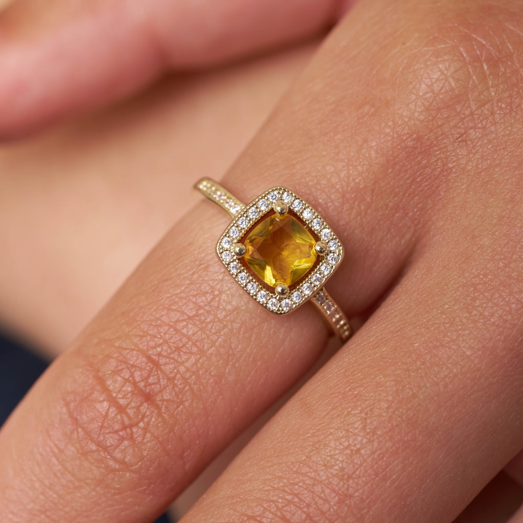 Gold Cushion Halo Ring with Coloured Stone Citrine