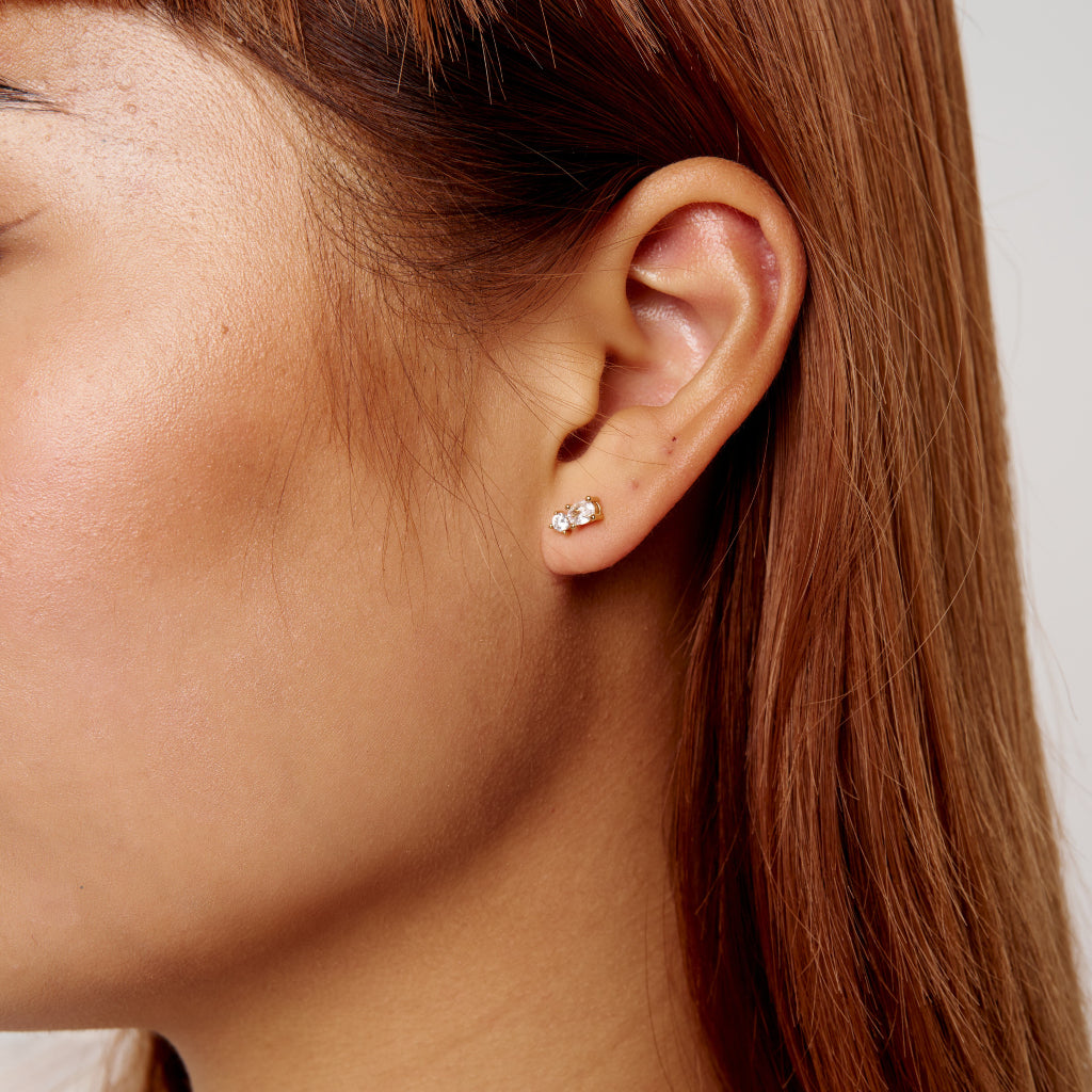 Gold Dainty Two Stone Stud Earrings