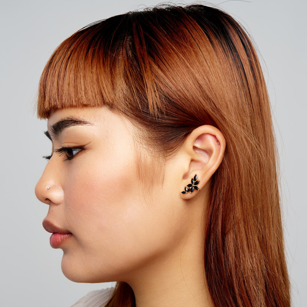 Gold Floral Climber Stud Earrings Black