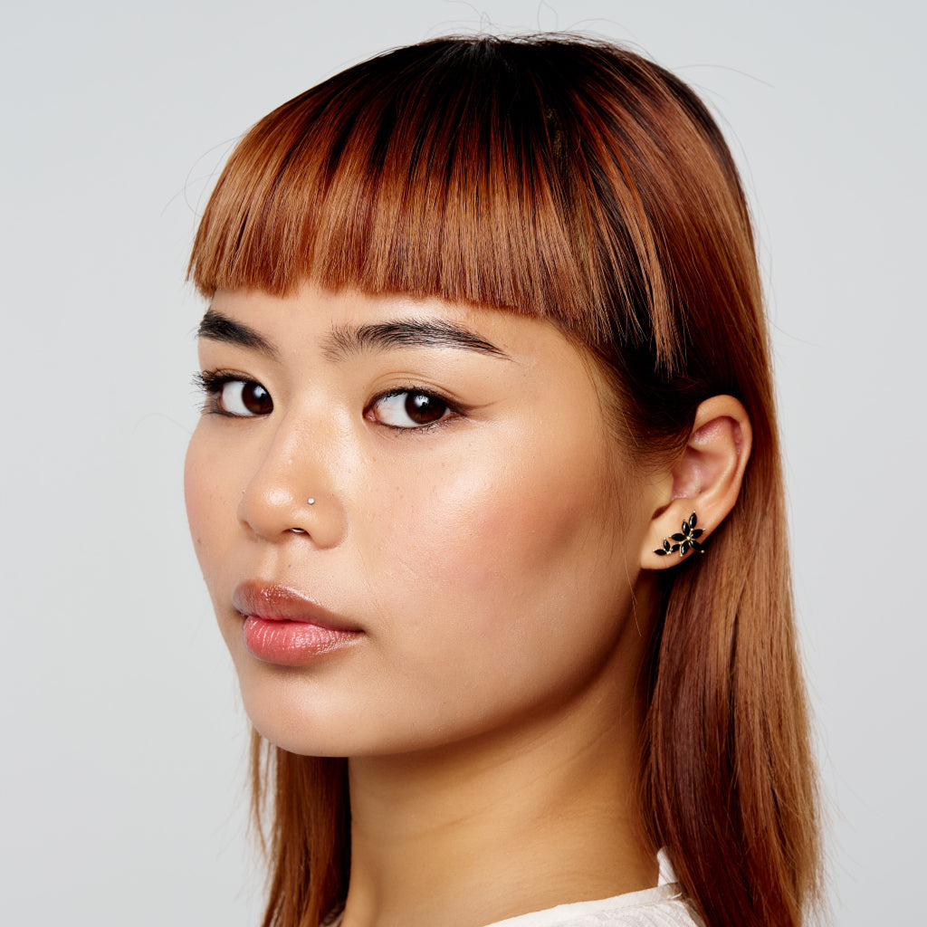 Gold Floral Climber Stud Earrings Black