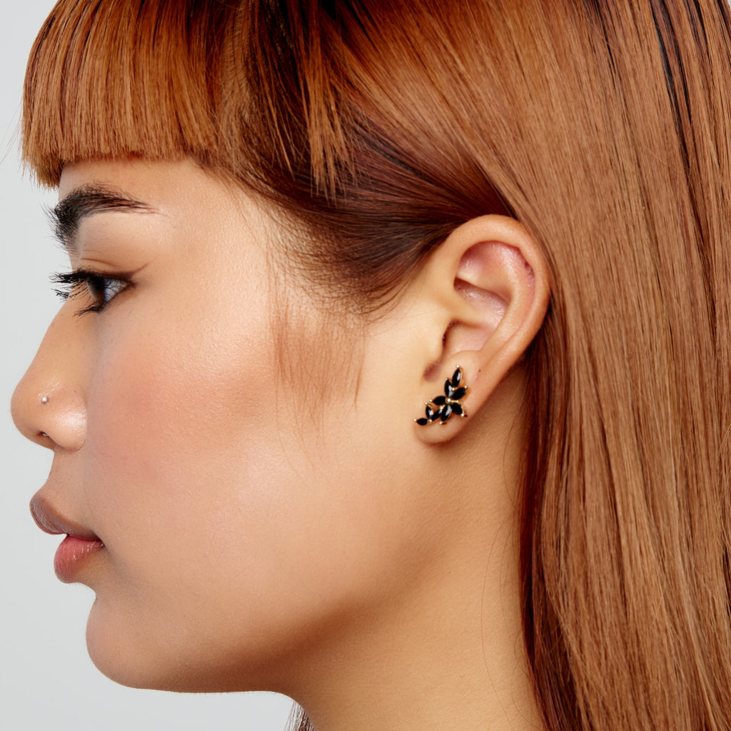 Gold Floral Climber Stud Earrings Black