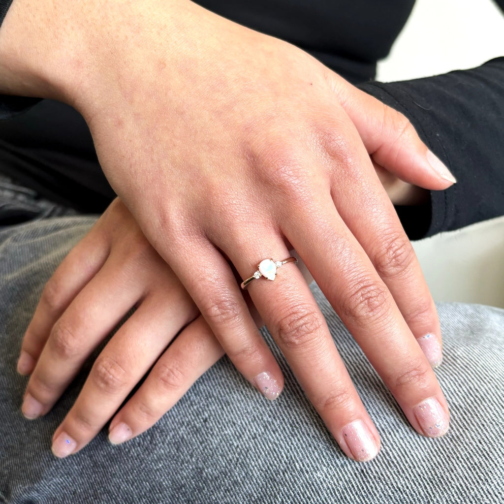 Gold Pear Cut White Opal Ring | Freya