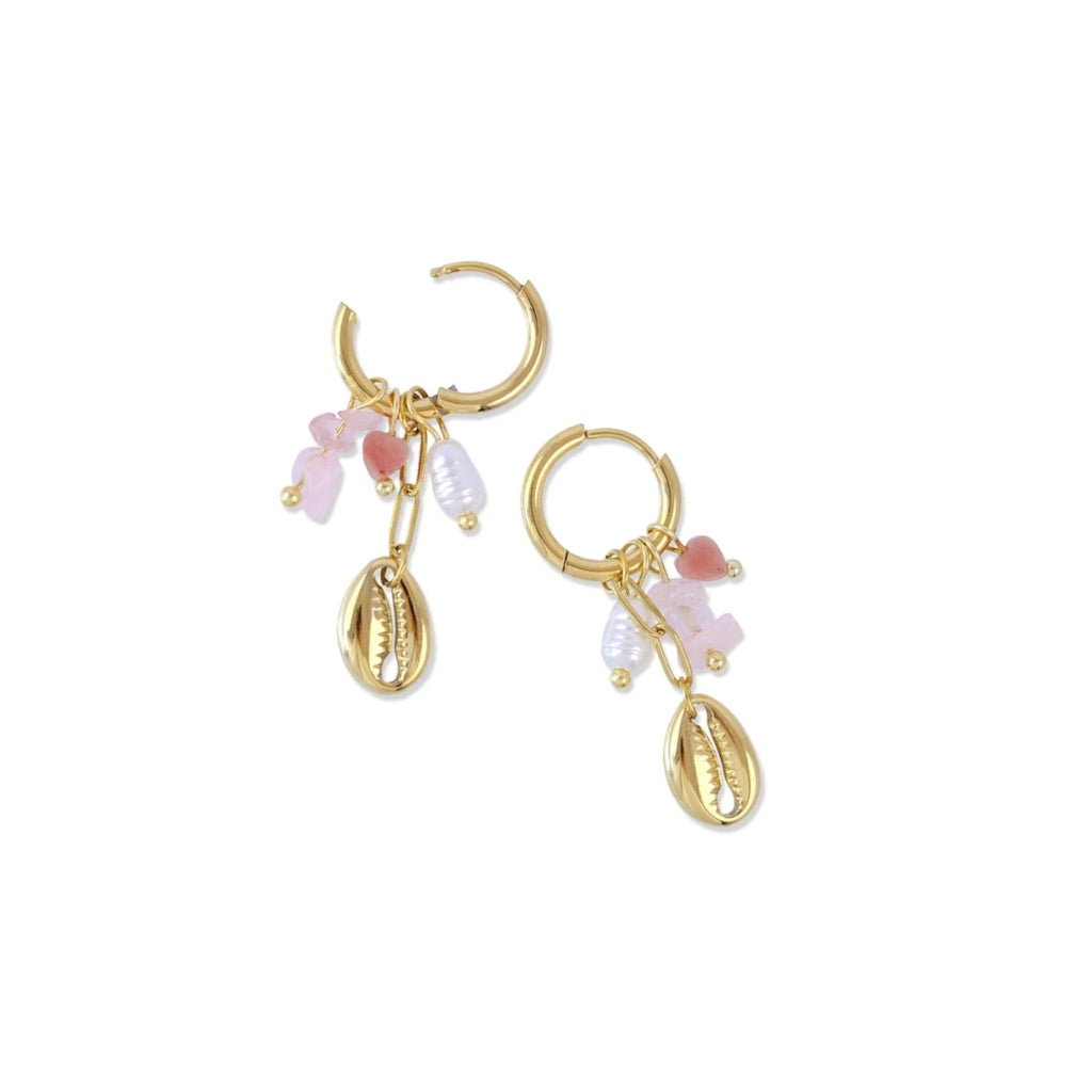 Gold Shell & Pink Stone Charm Earrings | Anartxy