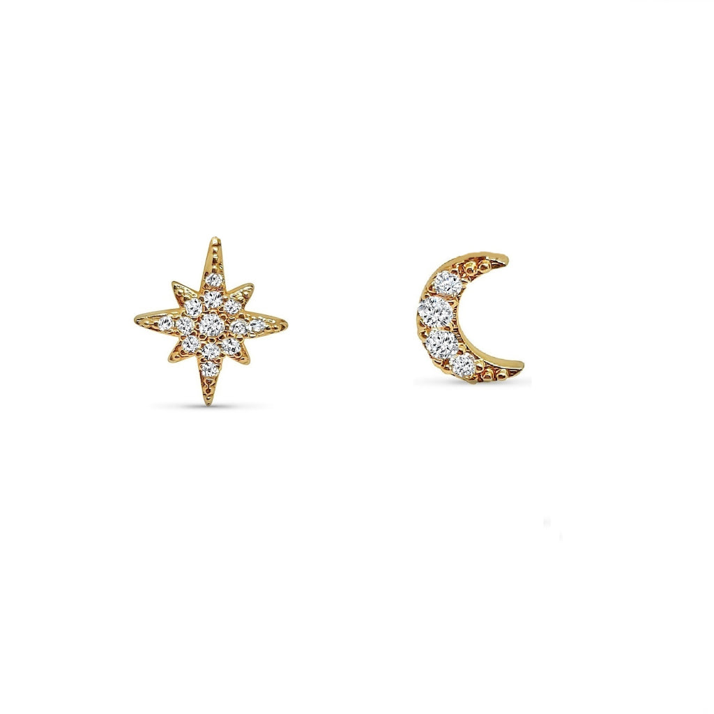 Gold Star & Moon Stud Earrings