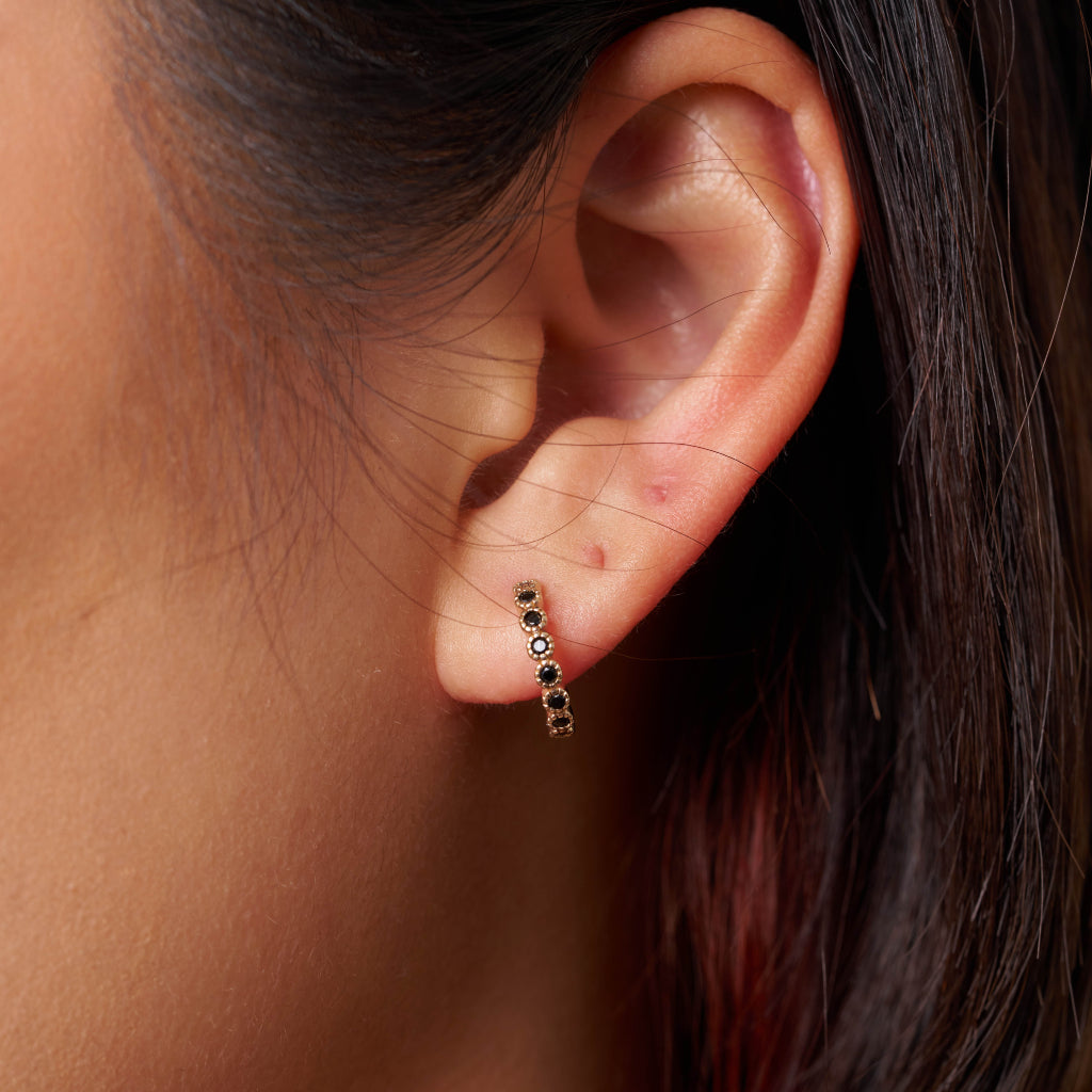 Gold Black Coloured Stone Huggie Earrings