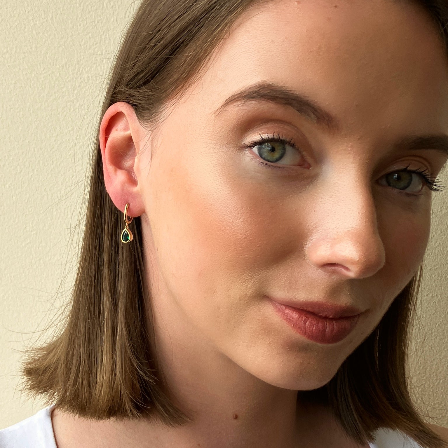 Gold Teardrop Charm Earrings Emerald