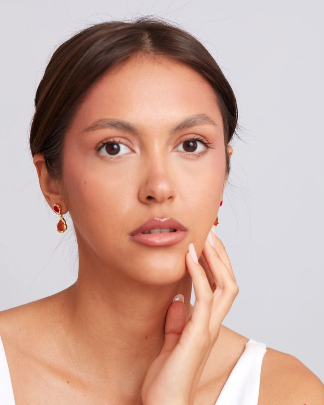 Gold Two Stone Drop Stud Earrings | Aveline | Noyre