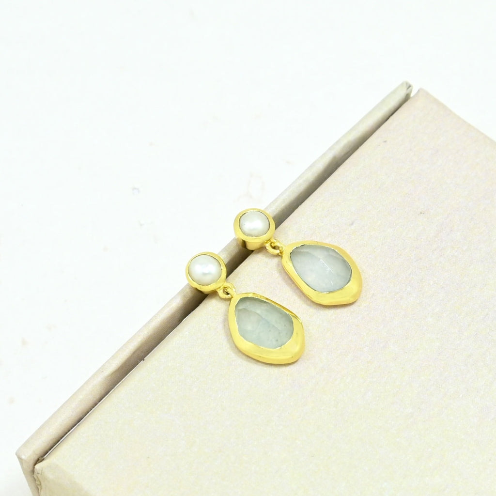 Gold Two Stone Drop Stud Earrings | Aylani | Noyre