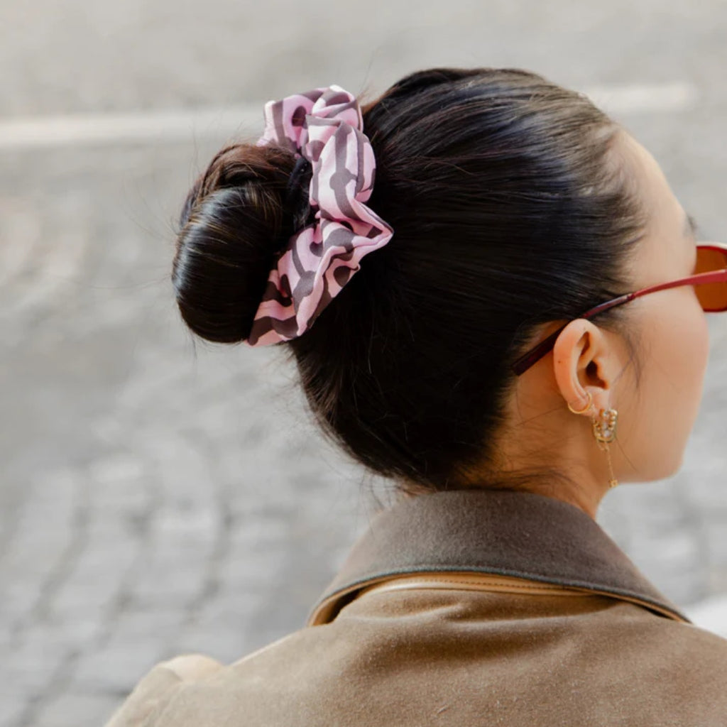 Pink & Brown Pattern Scrunchie | Handmade Upcycled Fabric