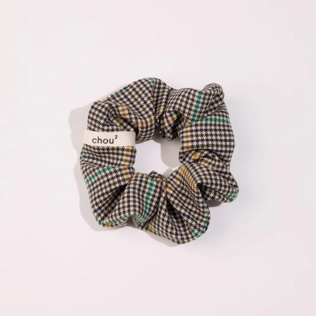 Yellow & Green Striped Houndstooth Scrunchie | Upcycled Fabric