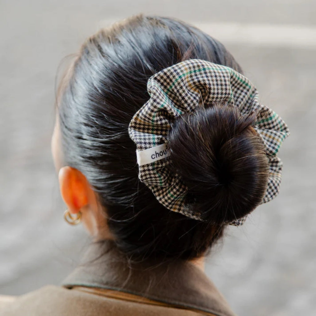 Yellow & Green Striped Houndstooth Scrunchie | Upcycled Fabric