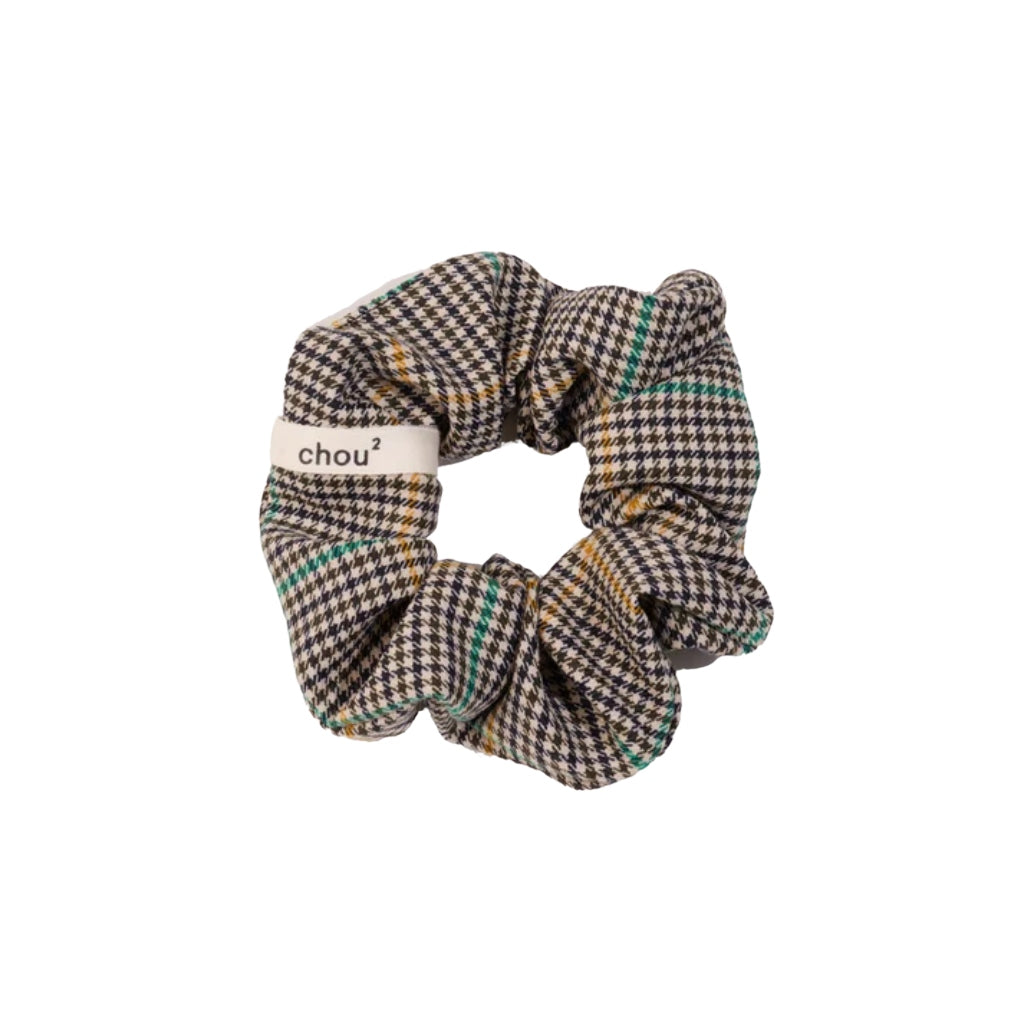 Yellow & Green Striped Houndstooth Scrunchie | Upcycled Fabric