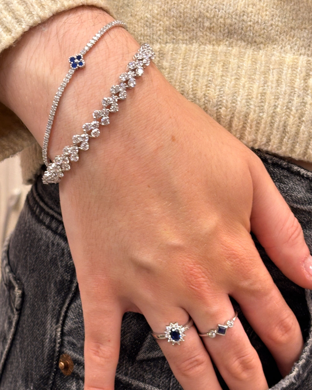 Sterling Silver Three Stone Cluster Tennis Bracelet | Venus