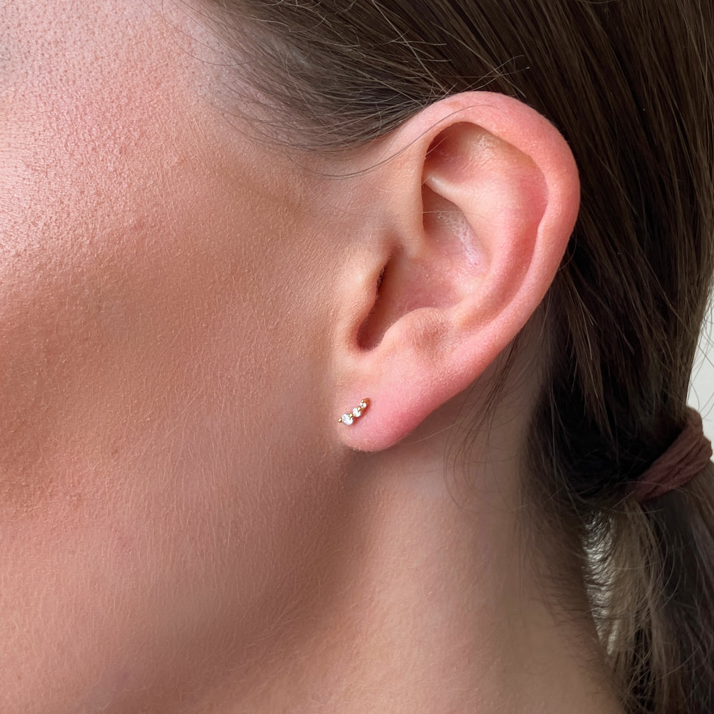 Gold Dainty Three Stone Stud Earrings