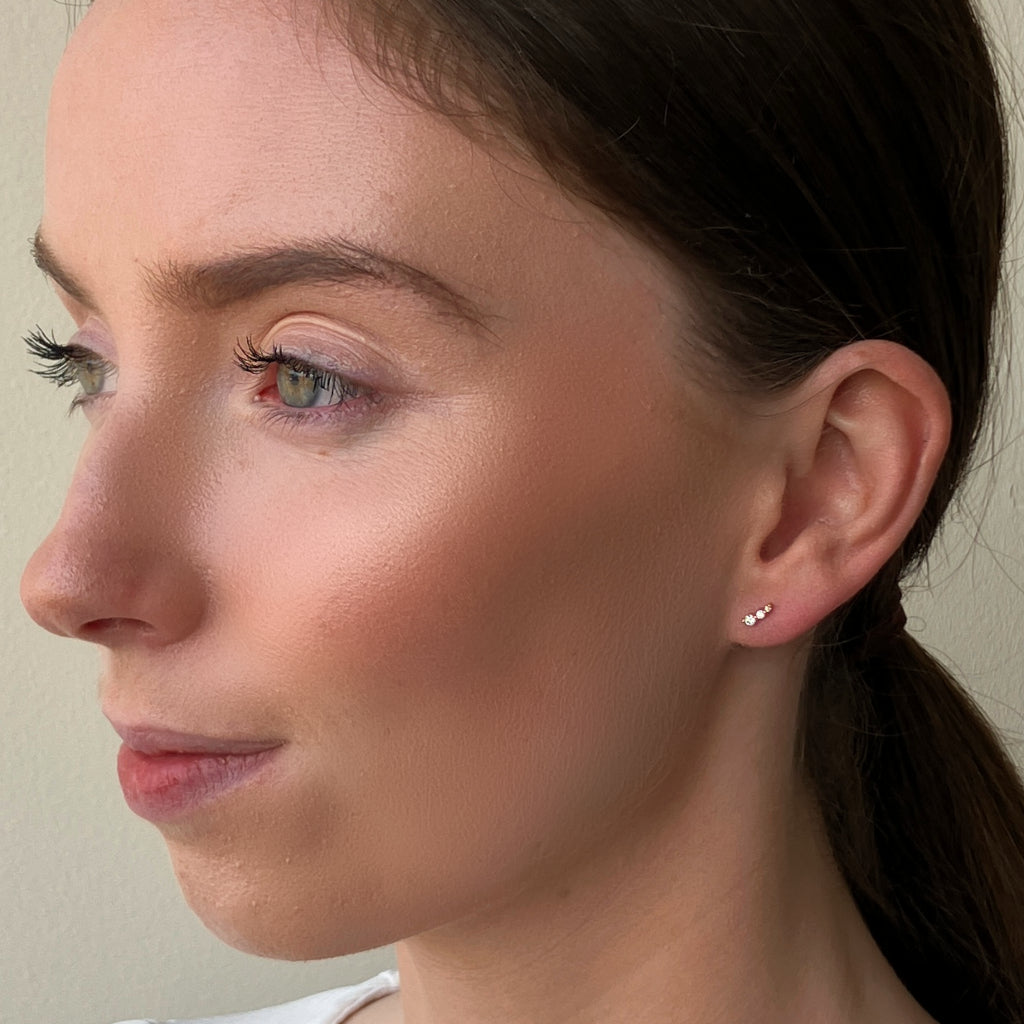 Gold Dainty Three Stone Stud Earrings