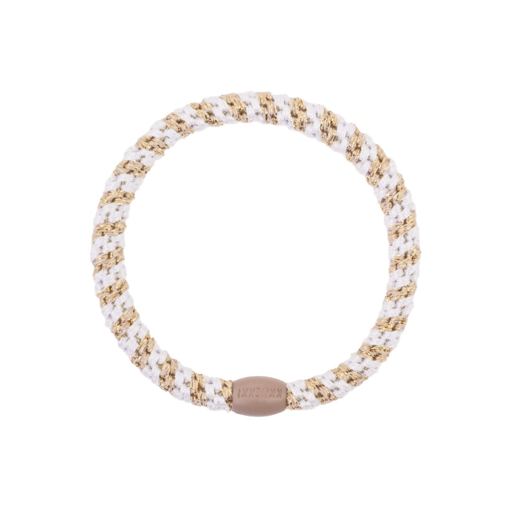 Kknekki Hair Tie | Slim Stripe | White & Beige Glitter