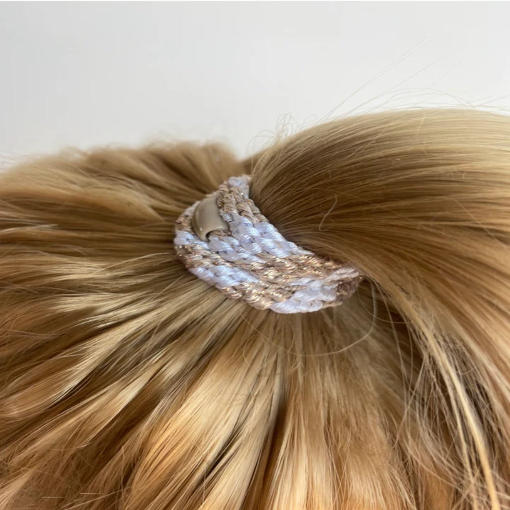 Kknekki Hair Tie | Stripe | White & Beige Glitter