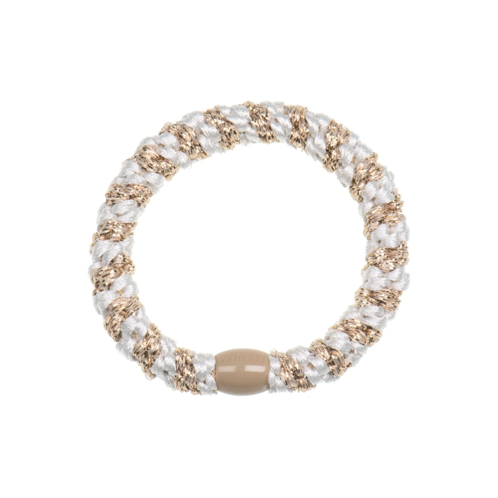 Kknekki Hair Tie | Stripe | White & Beige Glitter