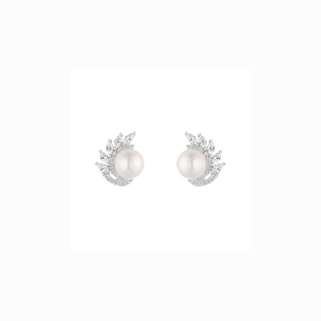 Sterling Silver Leaf Surround Pearl Stud Earrings | Greta