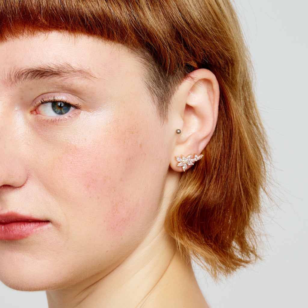 Gold Floral Climber Stud Earrings Clear