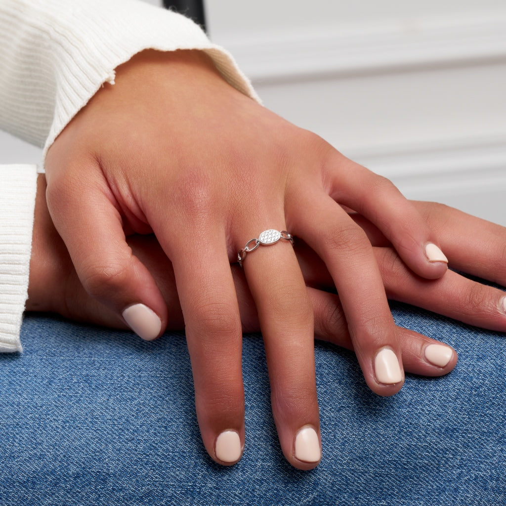 Silver Chain Link Ring Clear Stone