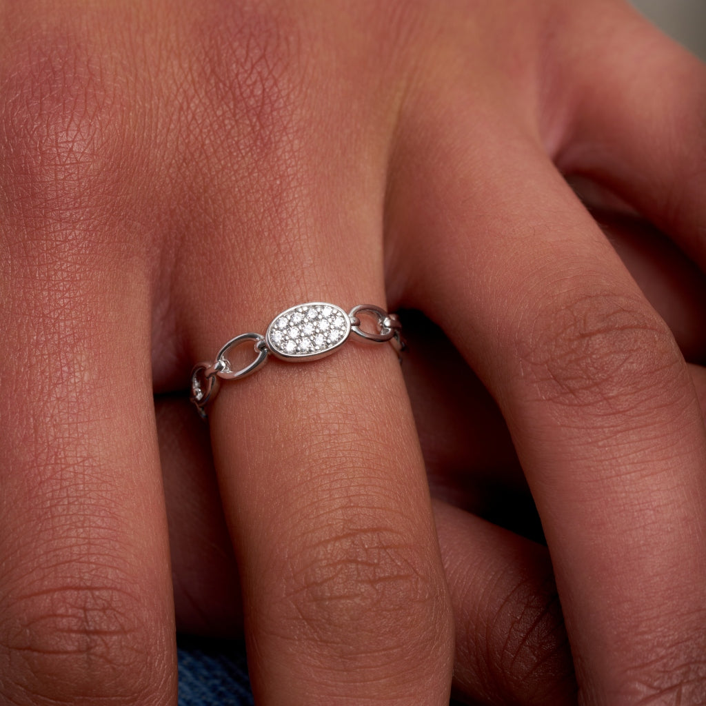 Silver Chain Link Ring Clear Stone