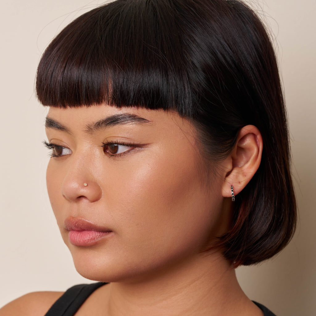 Silver Coloured Stone Huggie Hoop Earrings Black