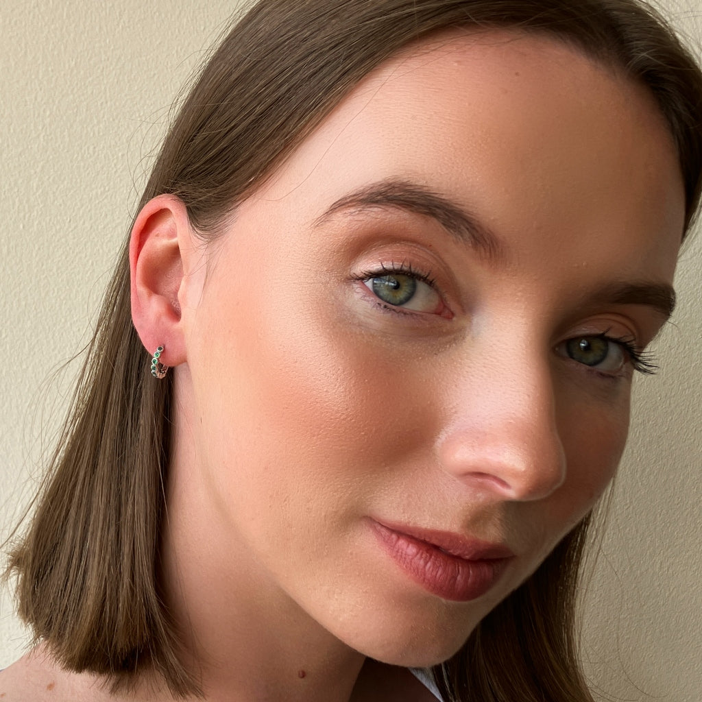 Silver Coloured Stone Huggie Earrings Emerald
