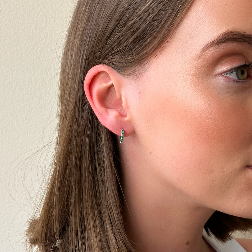 Silver Coloured Stone Huggie Earrings Emerald