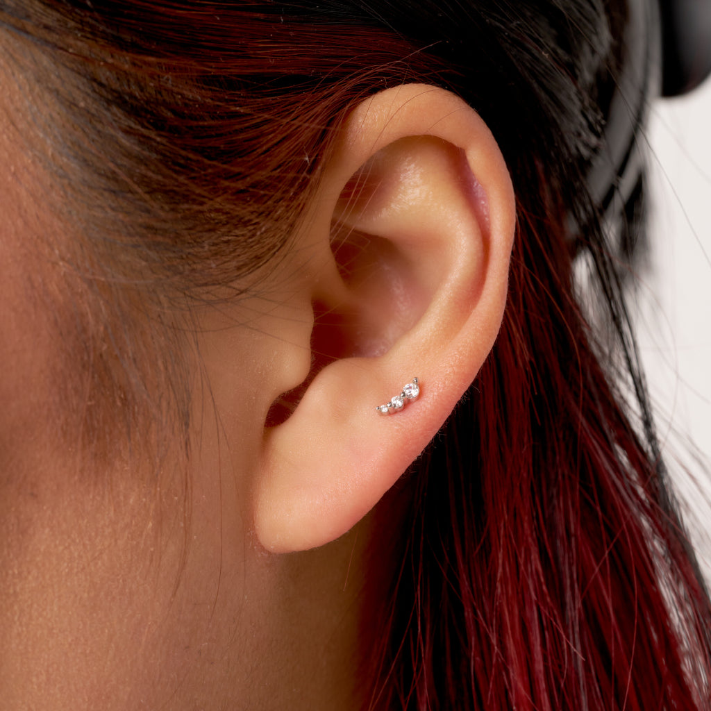 Silver Dainty Three Stone Stud Earrings 