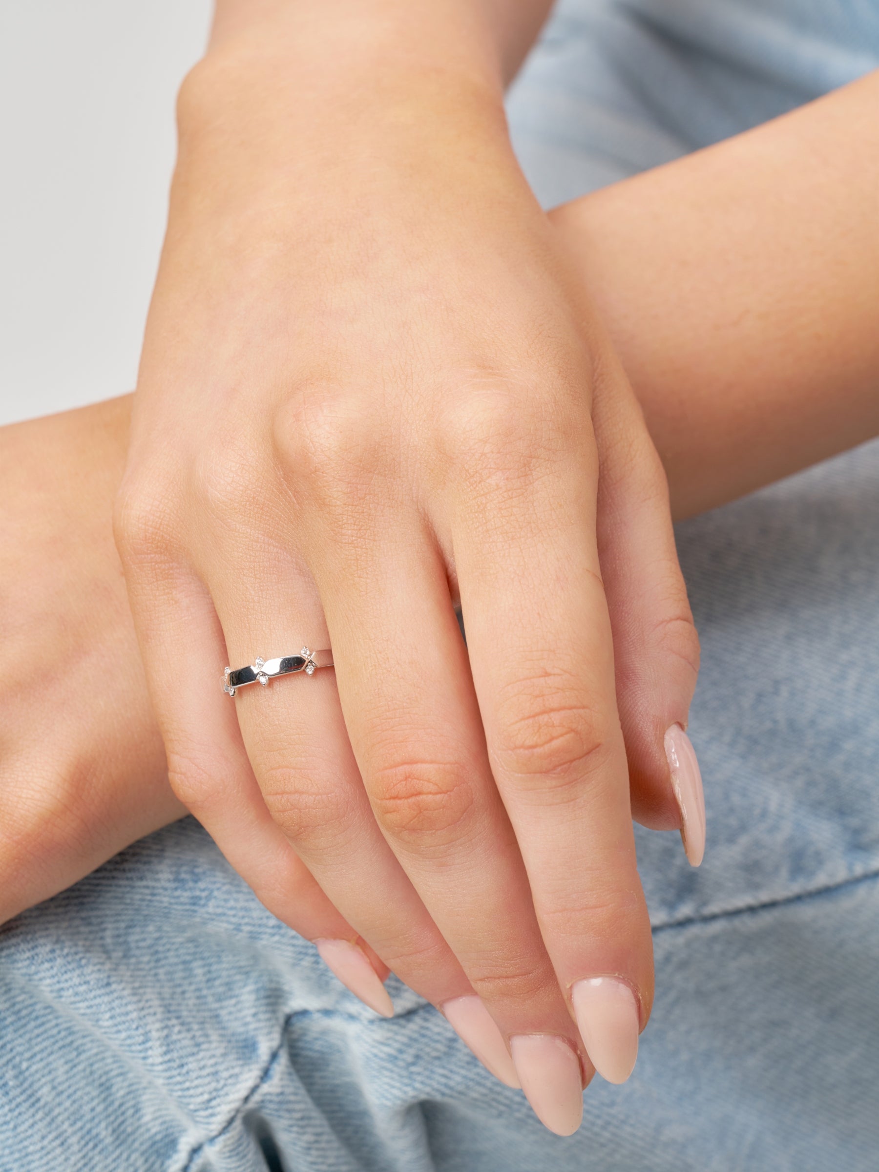 Silver Geometric Clear Stone Detail Ring
