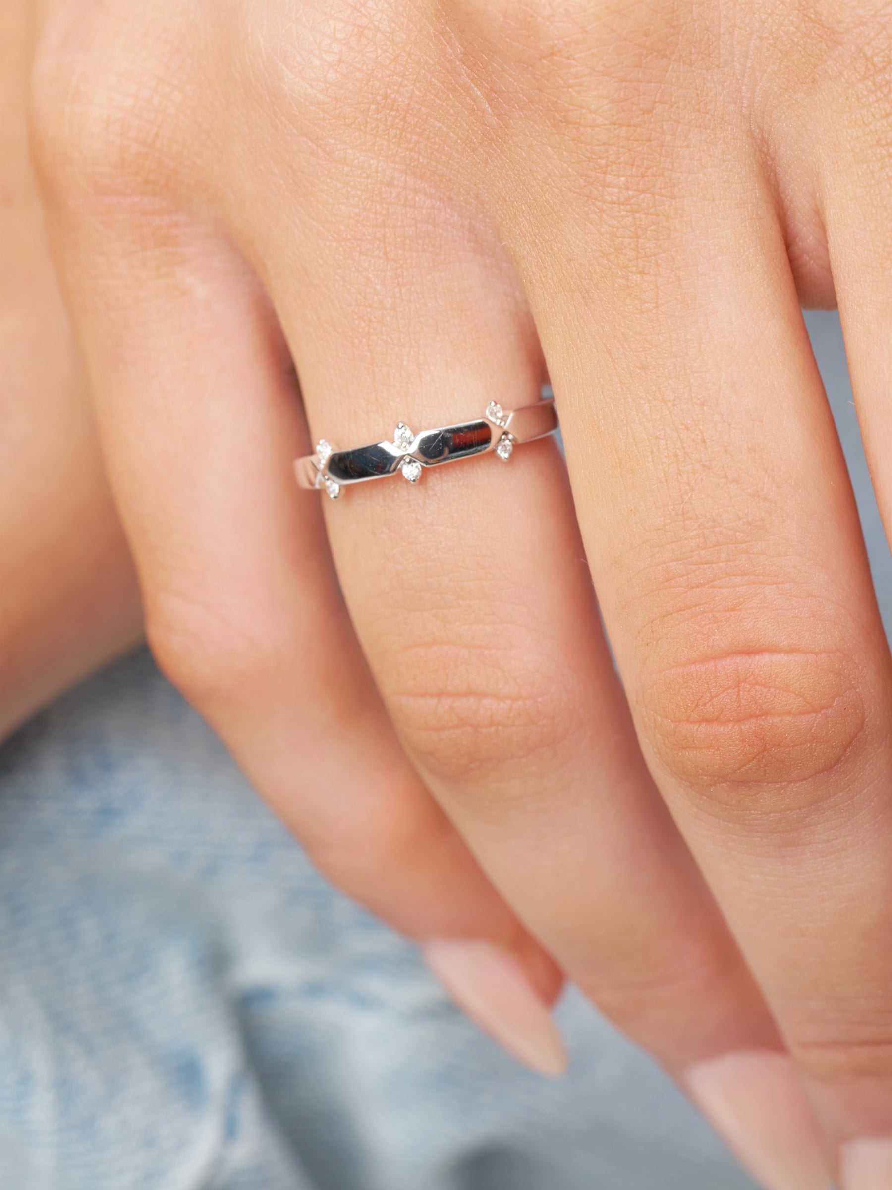 Silver Geometric Clear Stone Detail Ring