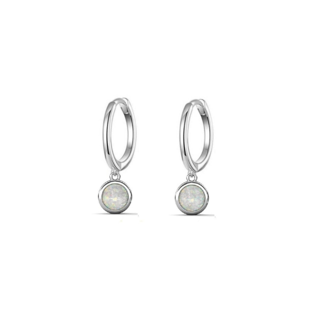 Silver White Opal Circle Charm Earrings