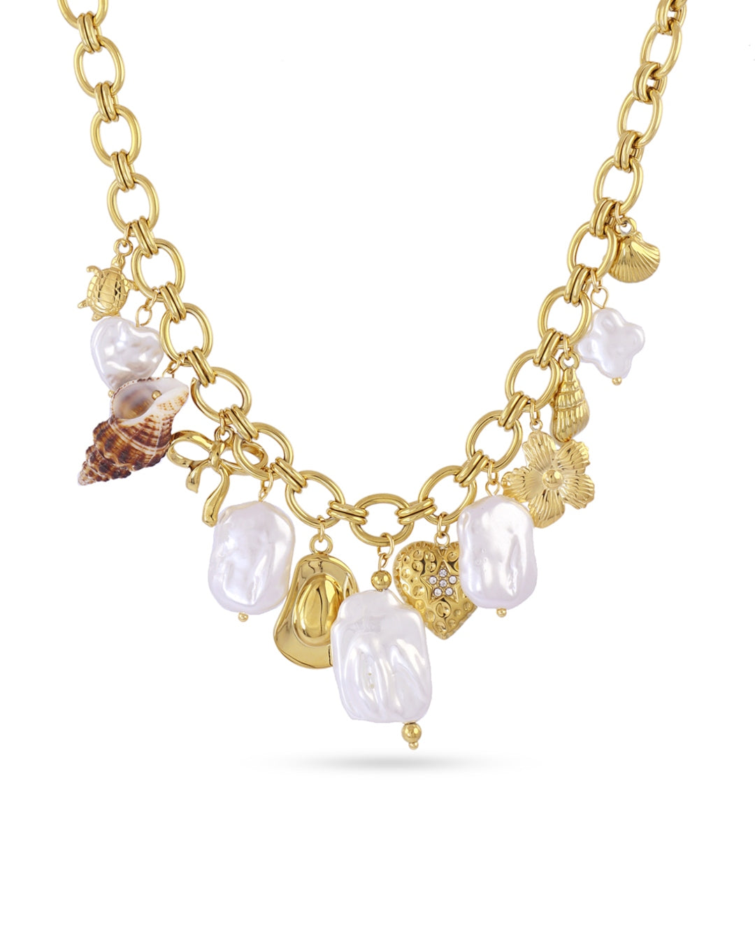 Steel Chunky Chain Pearl & Seashell Charm Necklace | Anartxy