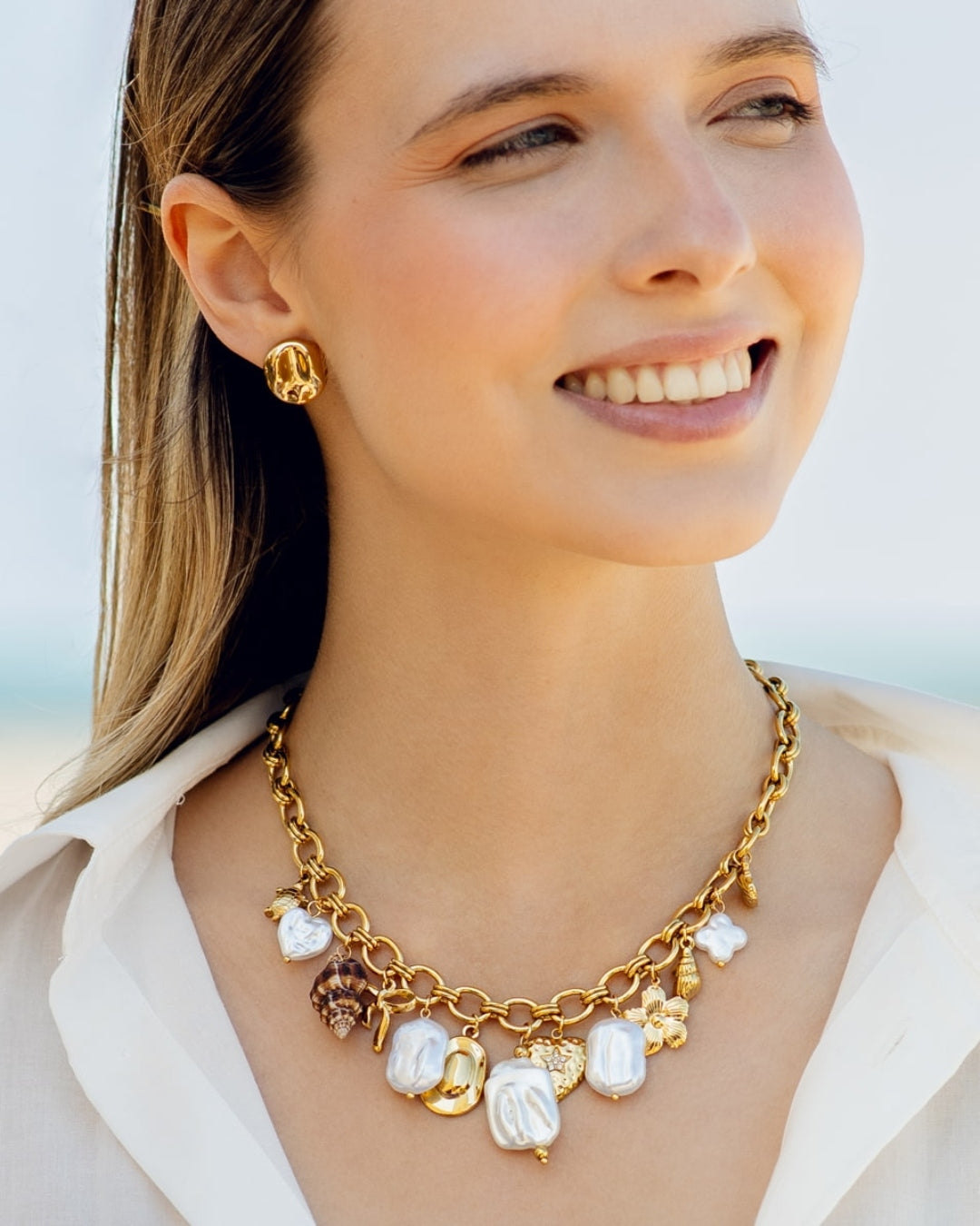Steel Chunky Chain Pearl & Seashell Charm Necklace | Anartxy