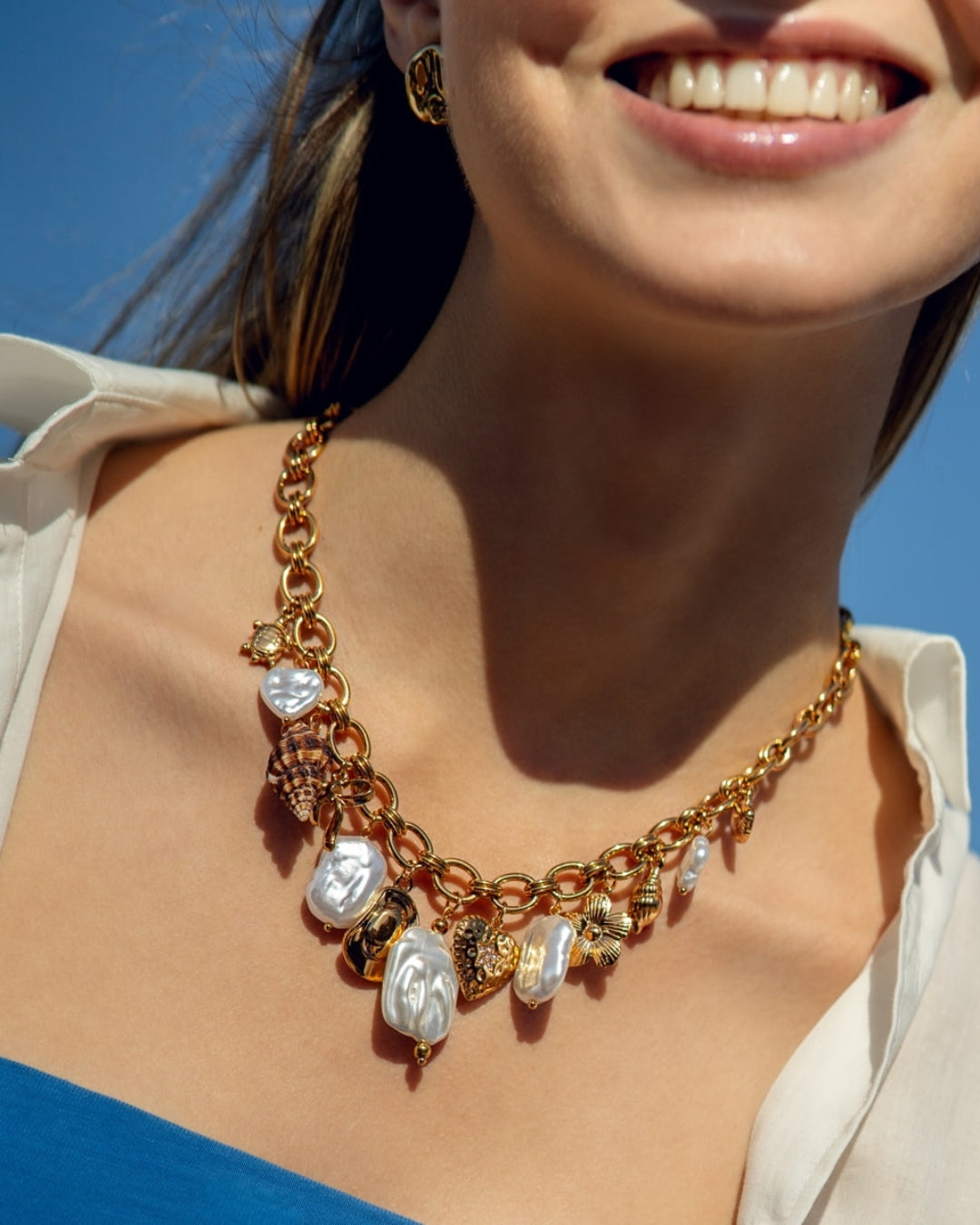 Steel Chunky Chain Pearl & Seashell Charm Necklace | Anartxy