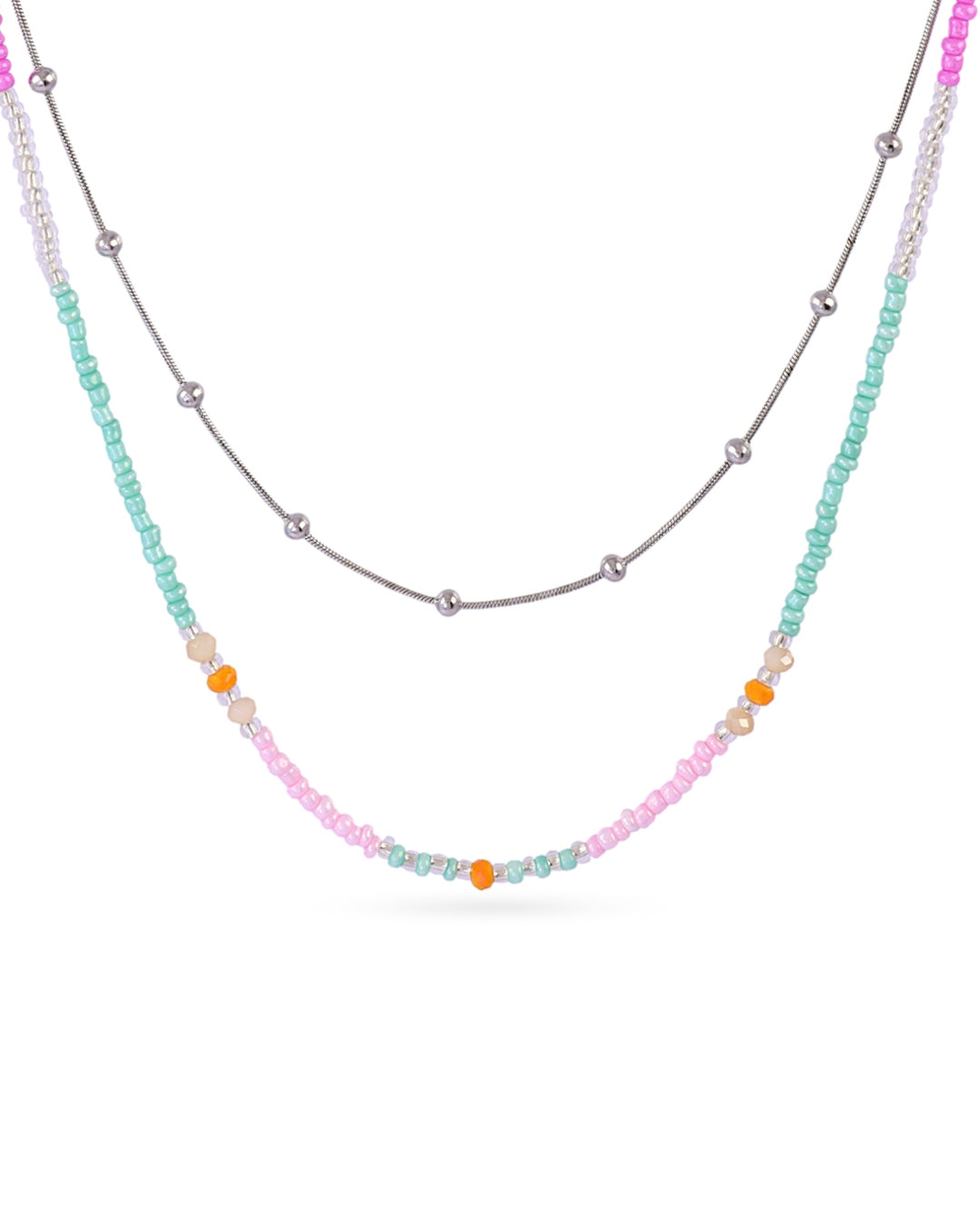 Steel Colourful Beaded Double Layer Necklace | Silver | Anartxy