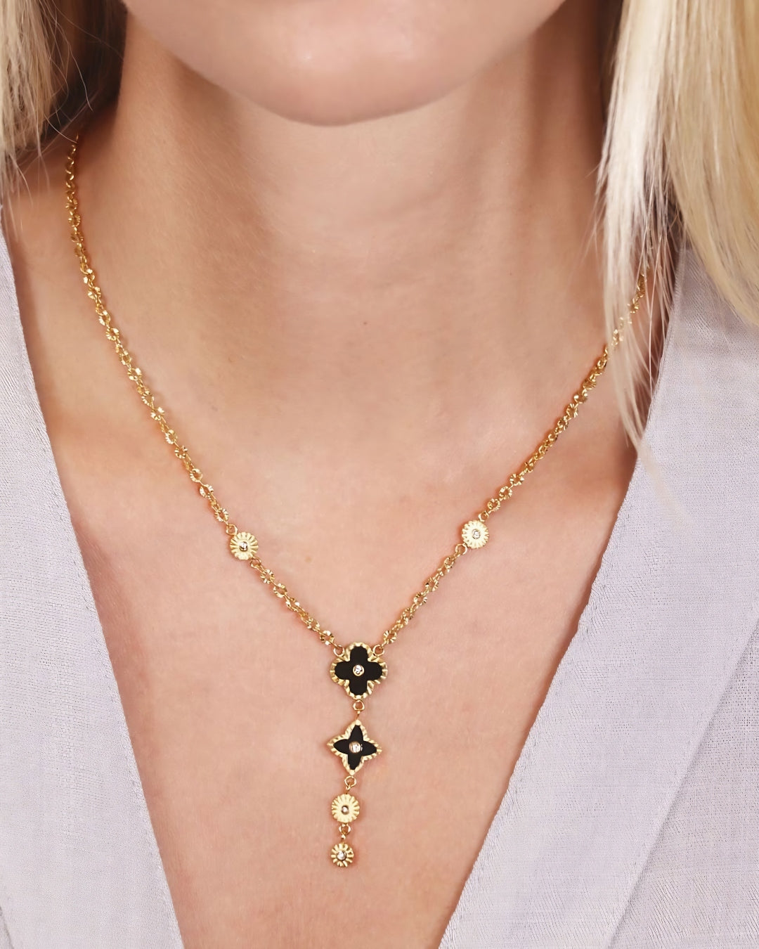 Steel Flower Detail Lariat Necklace | Anartxy