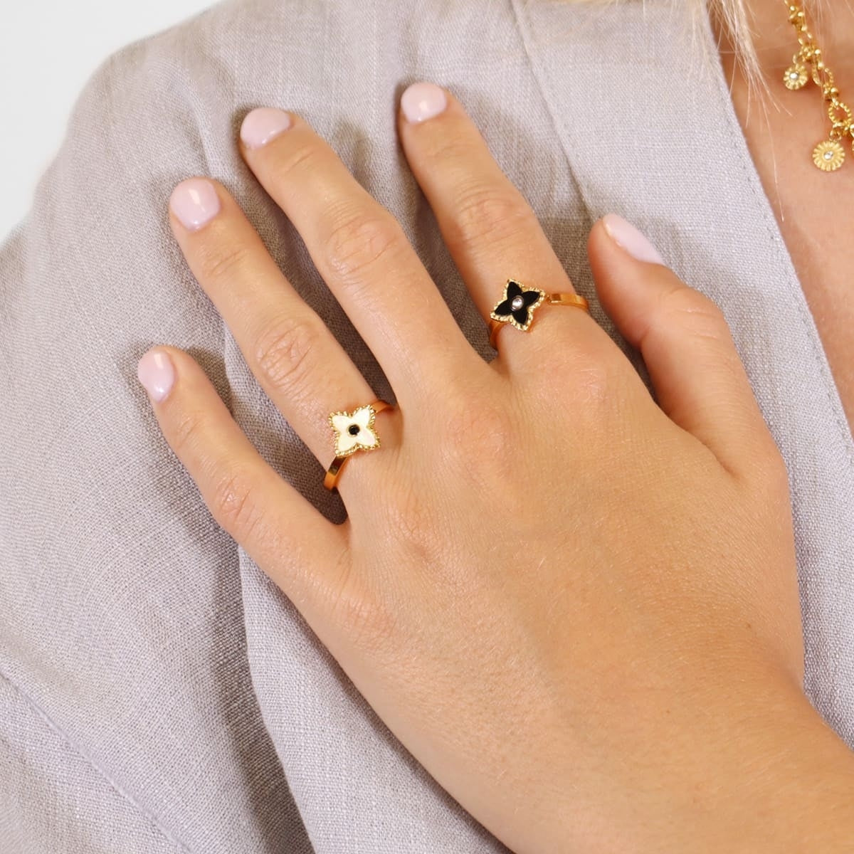 Gold Seashell & Zircon Flower Ring | Adjustable Natural Stone Ring