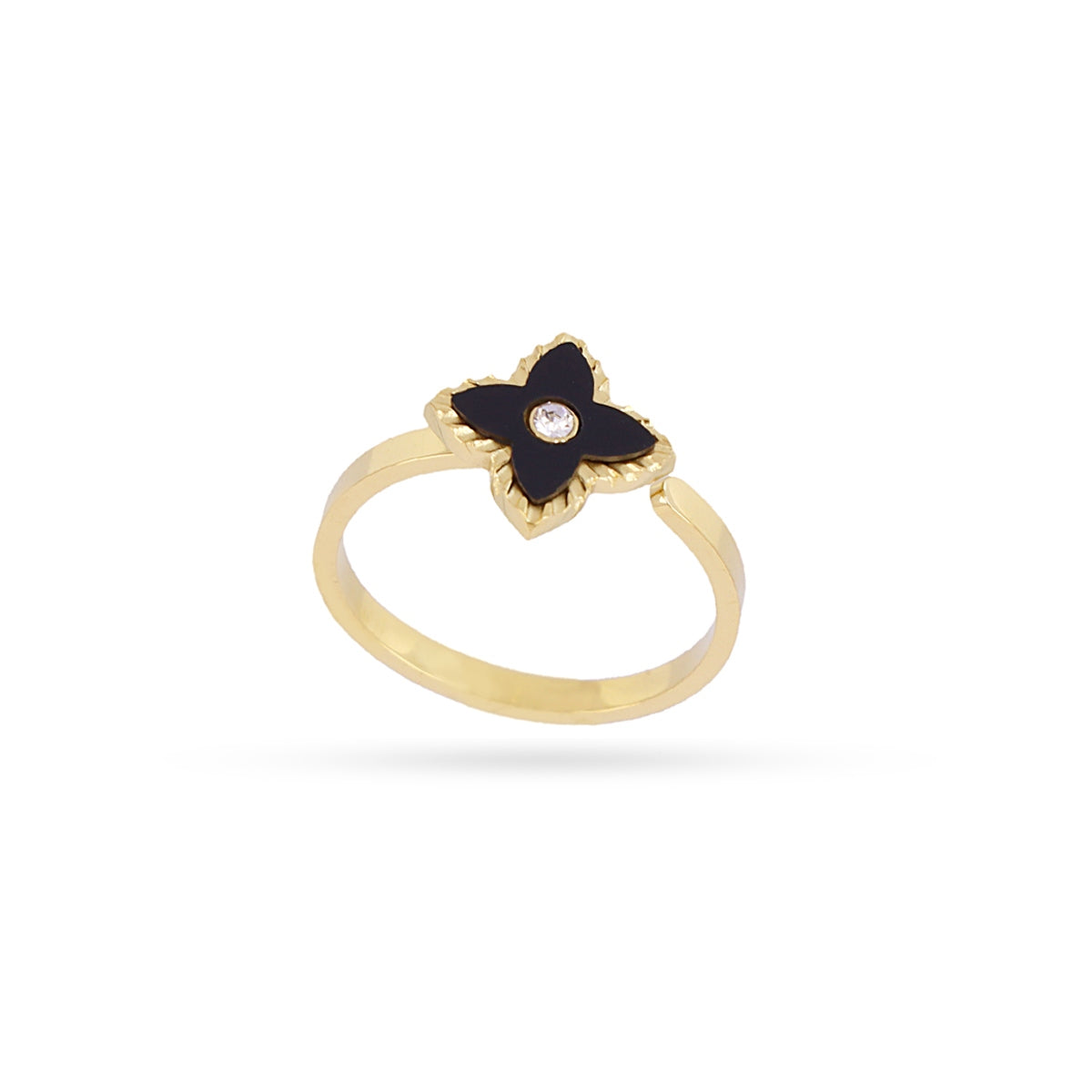 Gold Seashell & Zircon Flower Ring | Adjustable Natural Stone Ring