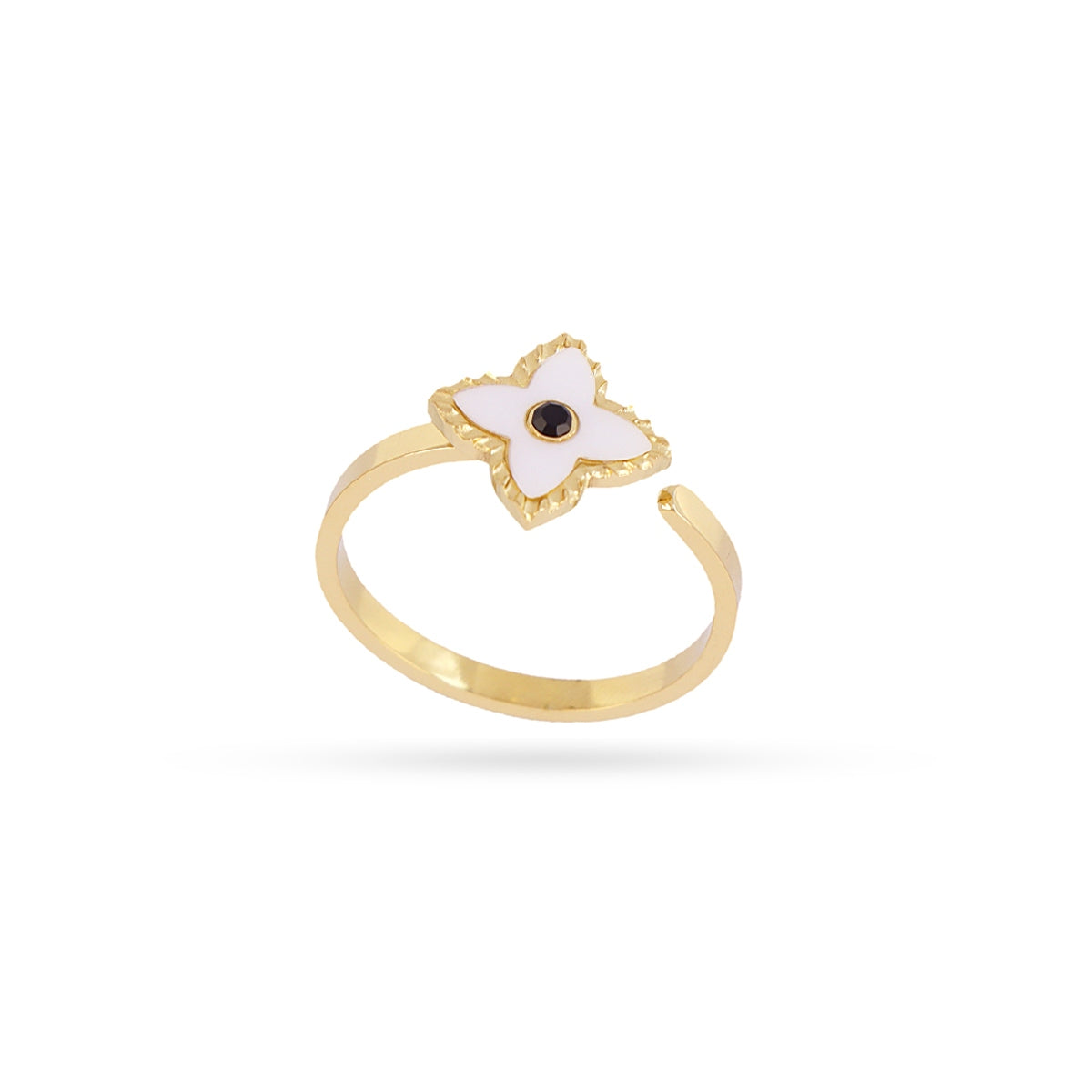 Gold Seashell & Zircon Flower Ring | Adjustable Natural Stone Ring