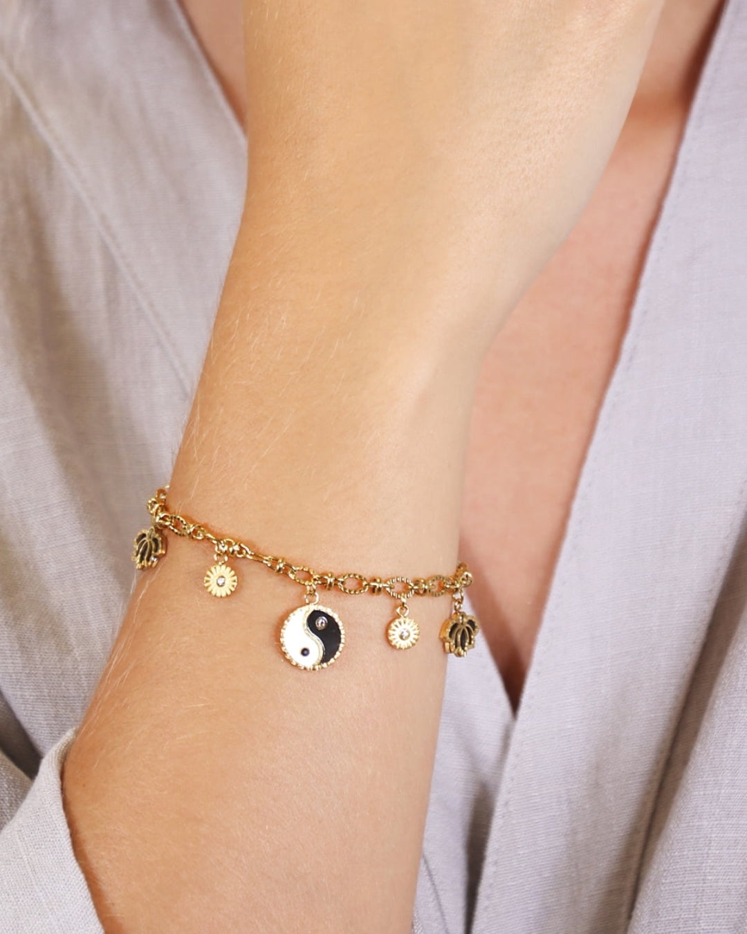 Steel Lotus Yin-Yang Charm Bracelet | Anartxy